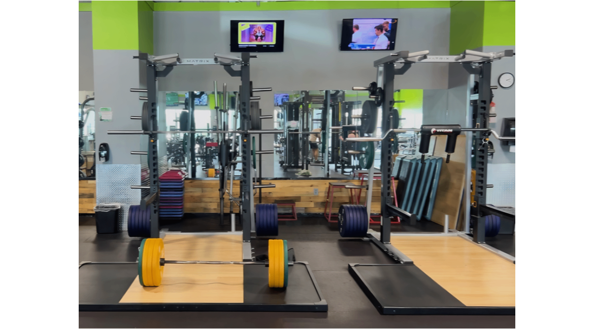 Modern gym in Ammon, Idaho featuring deadlift and squat platforms for strength training