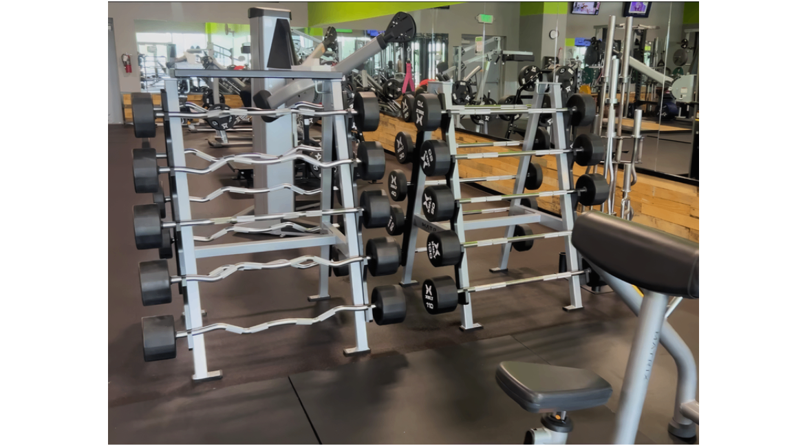 Modern gym in Ammon, Idaho featuring an EZ bar for curls and strength training